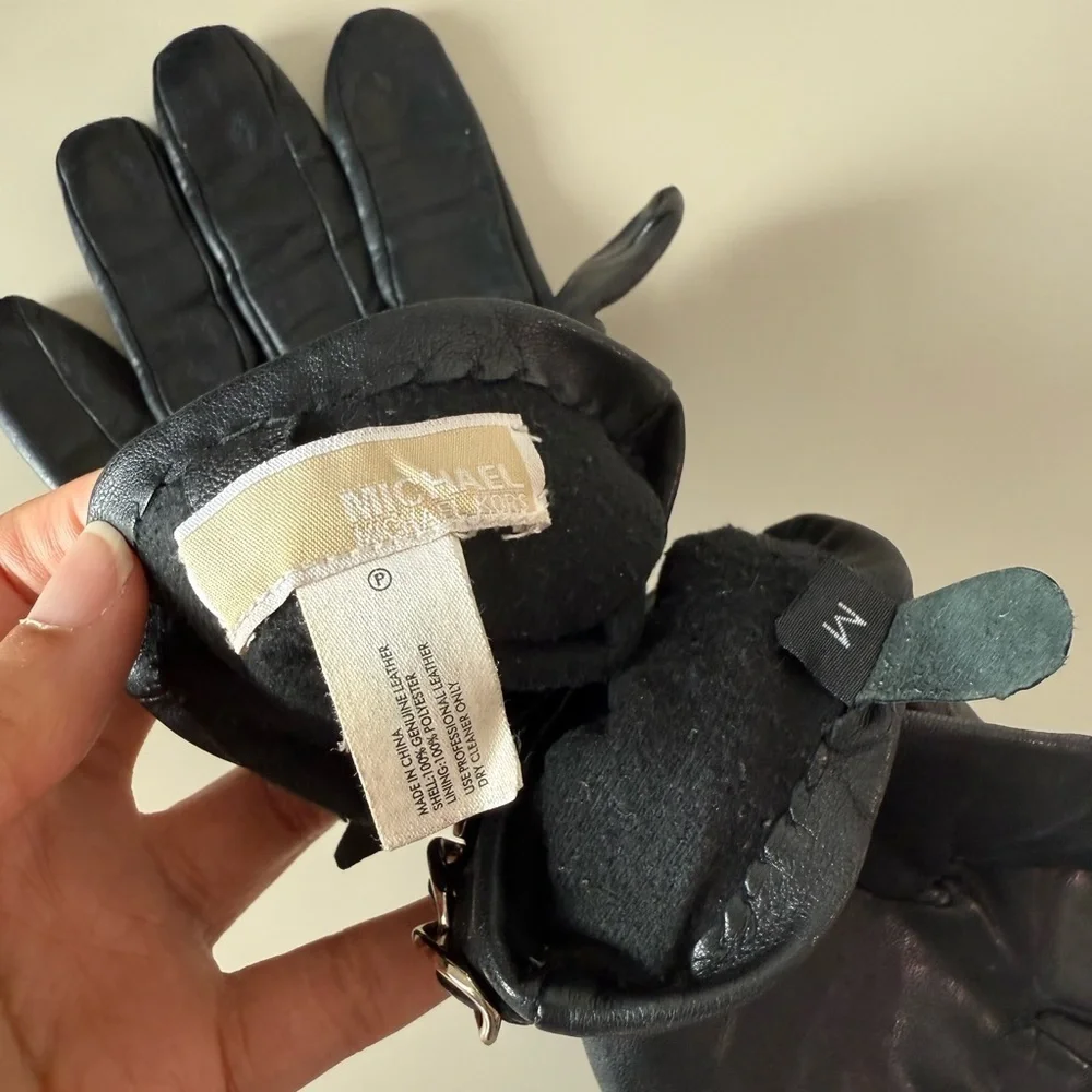 Michael Kors Black Leather Gloves with Chain Accent